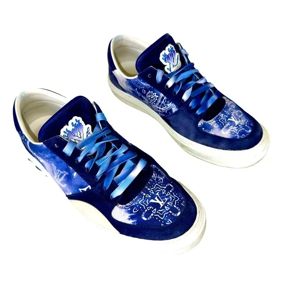 LOUIS VUITTON OLLIE RICHELIEU LOW TRAINERS IN BANDANA BLUE/WHITE